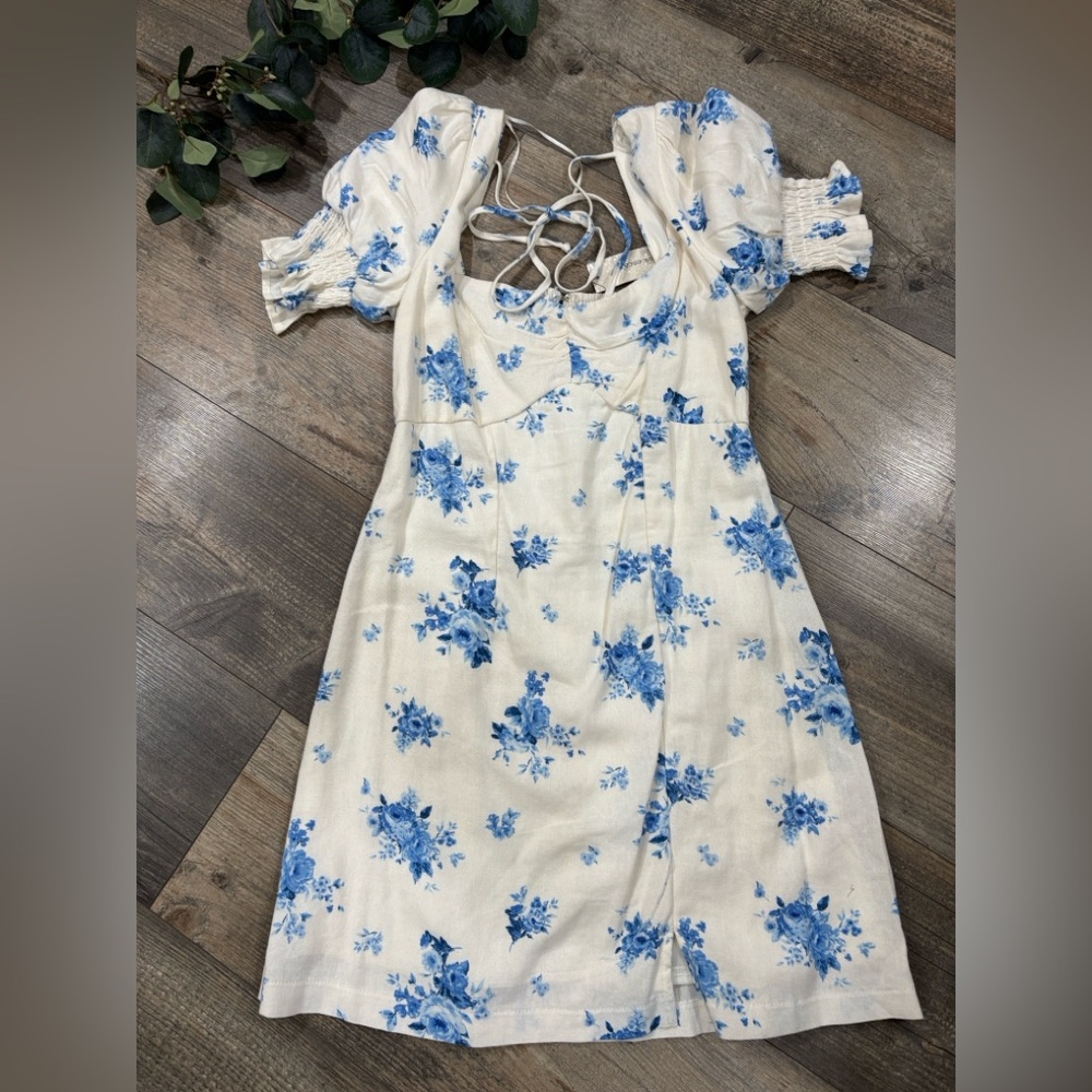 🌹White Cream Mini Dress with Blue Floral Accents